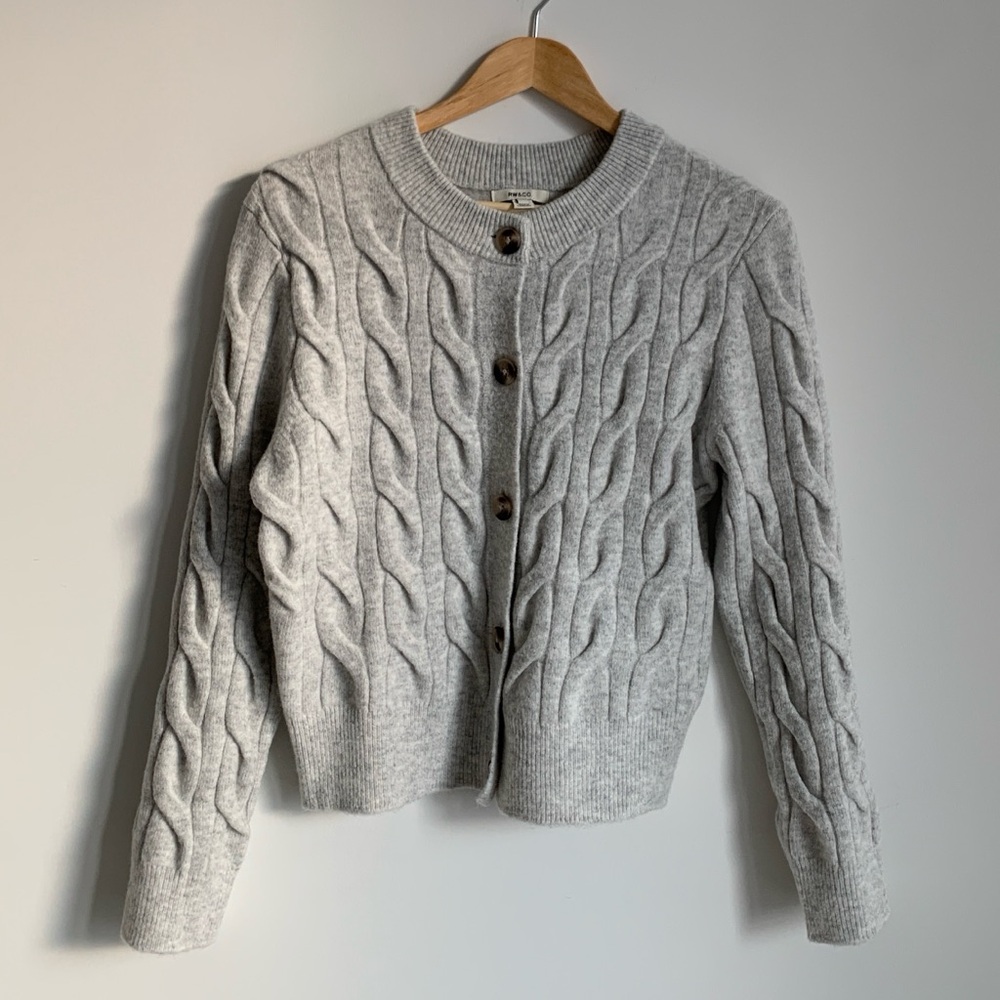 Grey Cable-Knit Wool Blend Button Cardigan Sweater